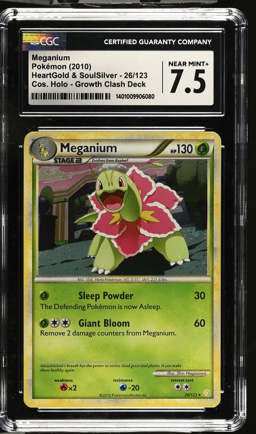 English CGC 7.5 HeartGold & SoulSilver Growth Clash Deck Meganium Cosmos Holo 26/123