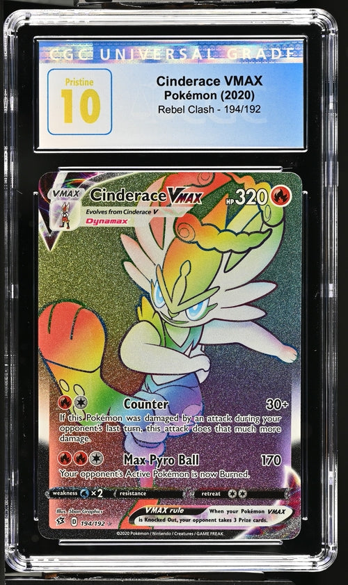 English CGC Pristine 10 Rebel Clash Cinderace VMAX Rainbow Rare 194/192