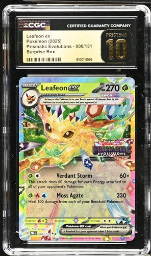 English CGC Pristine 10 Prismatic Evolutions Surprise Box Stamped Leafeon ex 006/131