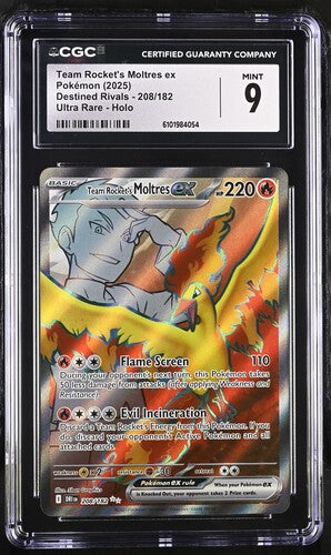 English CGC 9 Destined Rivals Ultra Rare Holo Team Rocket's Moltres ex 208/182