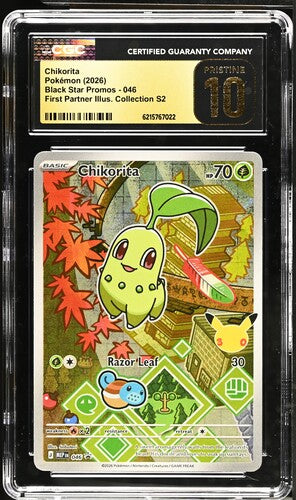 English CGC Pristine 10 Mega Promos First Partner Illustration S2 Full Art Chikorita 046