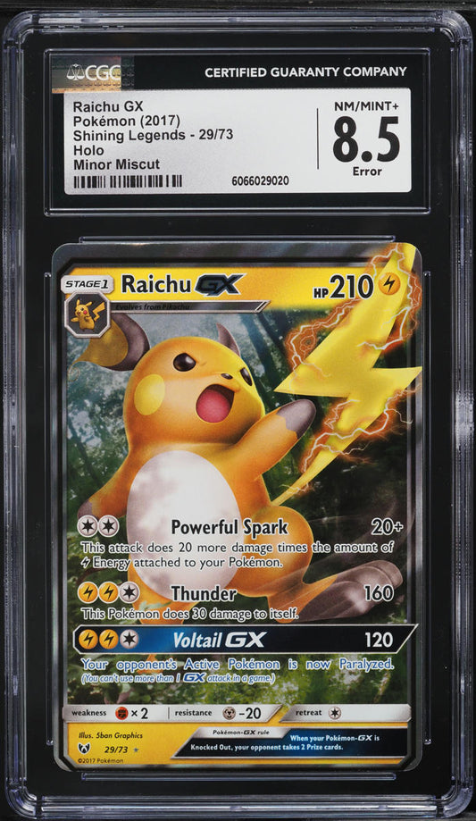 English CGC 8.5 Shining Legends Minor Miscut Raichu GX #29