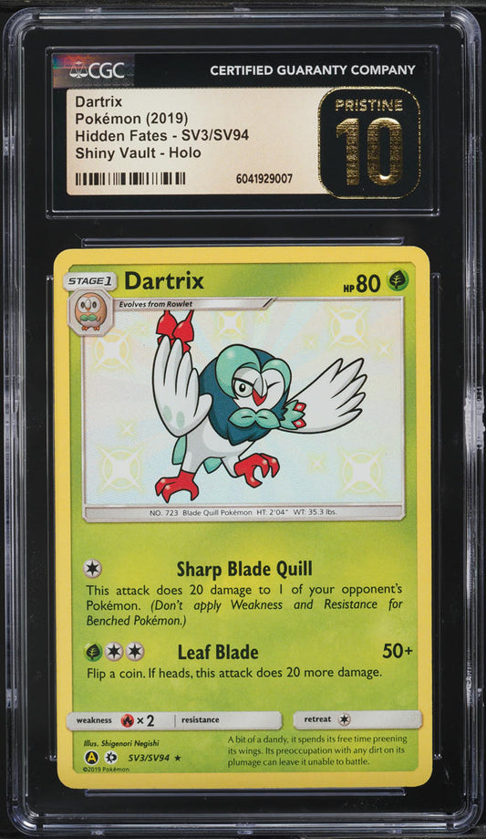 English CGC Pristine 10 Hidden Fates Shiny Vault Holo Shiny Dartrix SV3