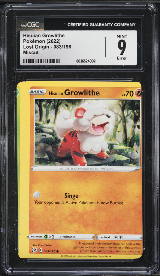 English CGC 9 Lost Origin Miscut Error Hisuian Growlithe 083/196