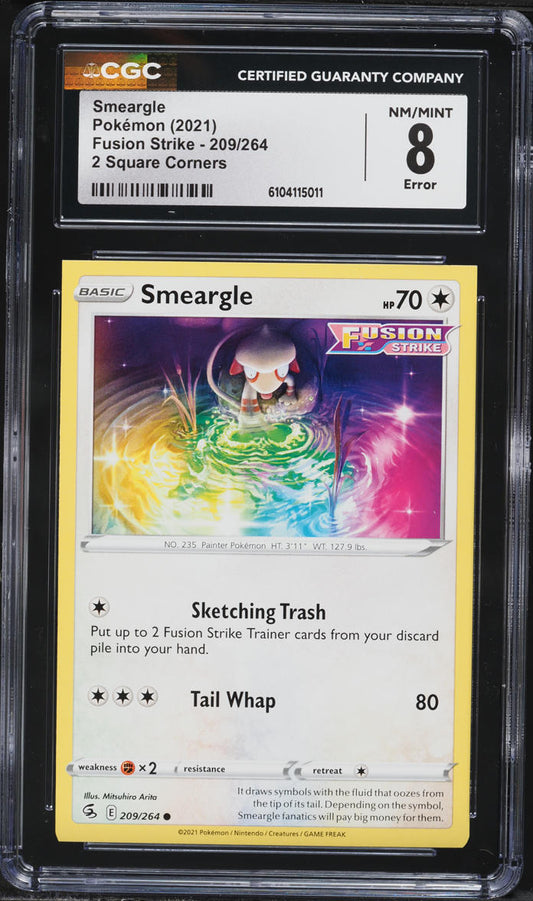 English CGC 8 Fusion Strike 2 Square Corners Error Smeargle 209/264