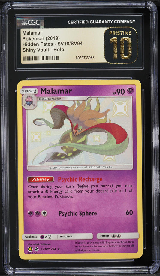 English CGC Pristine 10 2019 Sun & Moon Hidden Fates Shiny Malamar SV18