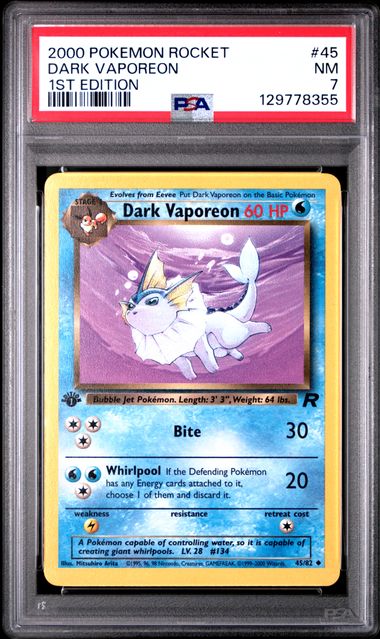 English PSA 7 Team Rocket 1st Edition Non-Holo Dark Vaporeon 45/82